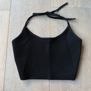 Babaton Black Ribbed Halter Tie-Back Crop Top